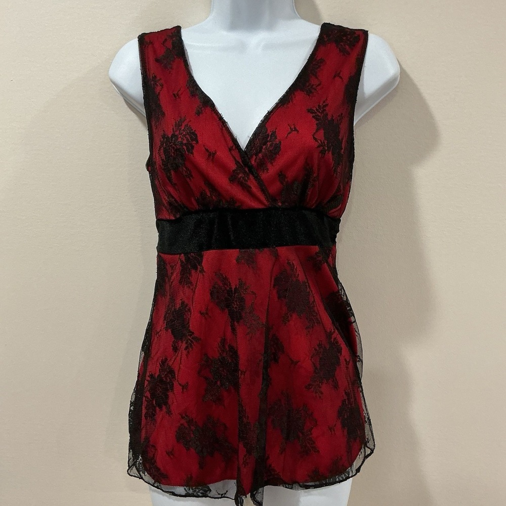 Y2K Red Black Mesh Lace‎ Babydoll Top Sheer Overlay Boho Whimsigoth Size Large